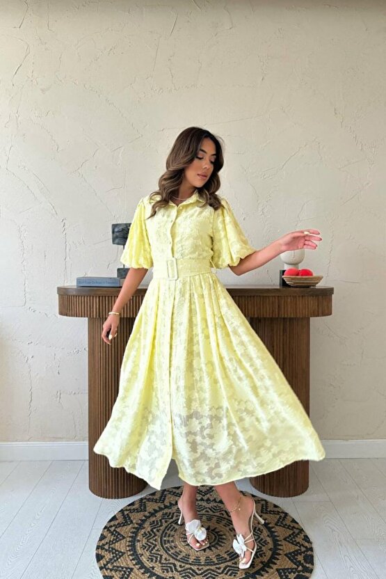 Gökyüzü Moda Sarı Kemerli Balon Kollu Elbise