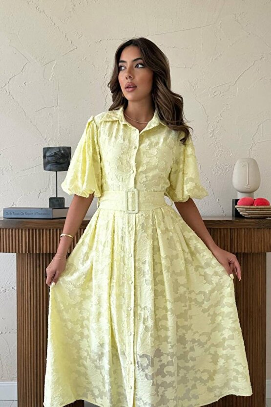 Gökyüzü Moda Sarı Kemerli Balon Kollu Elbise