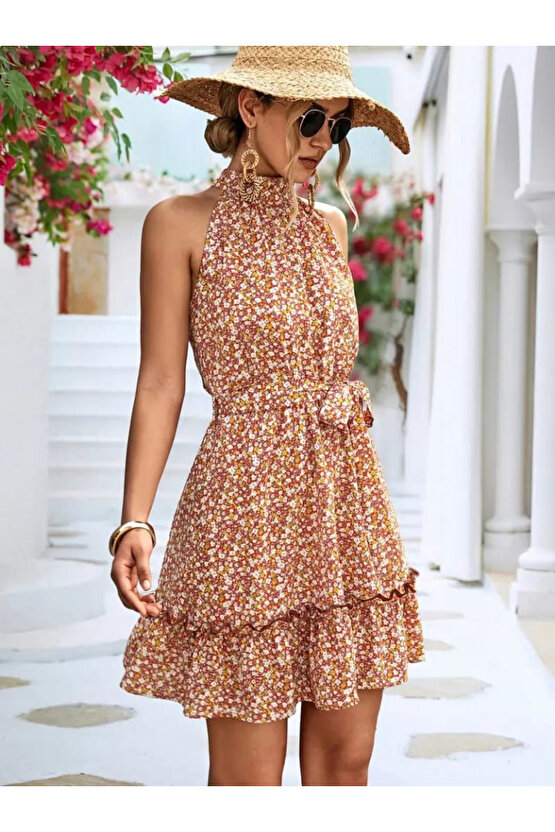 Gökyüzü Moda Kadın Eteği Volanlı Halter Yaka Süprem Elbise