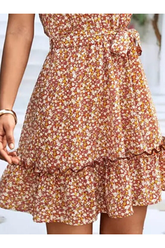 Gökyüzü Moda Kadın Eteği Volanlı Halter Yaka Süprem Elbise