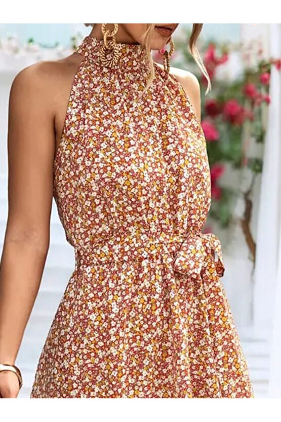 Gökyüzü Moda Kadın Eteği Volanlı Halter Yaka Süprem Elbise