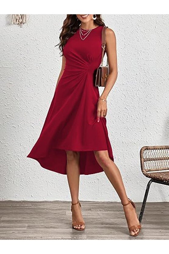 Gökyüzü Moda Kadın Sıfır Kollu Bisiklet Yaka Büzgülü Asimetrik Kesim Detaylı Janjan Krep Elbise