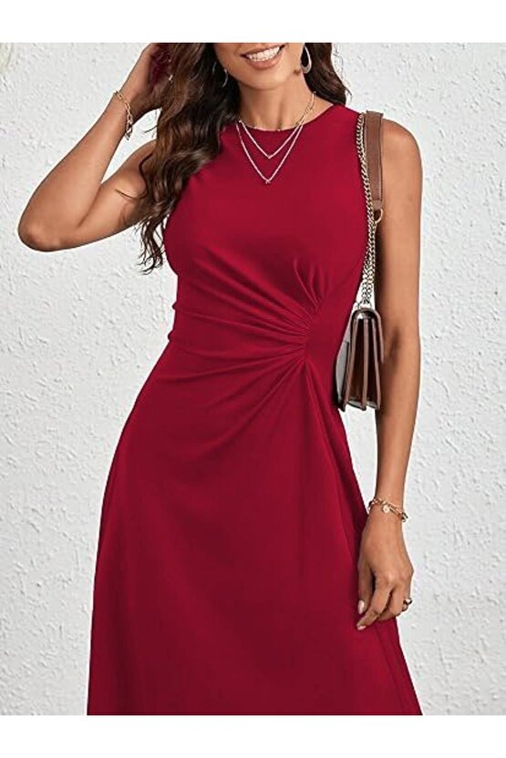 Gökyüzü Moda Kadın Sıfır Kollu Bisiklet Yaka Büzgülü Asimetrik Kesim Detaylı Janjan Krep Elbise