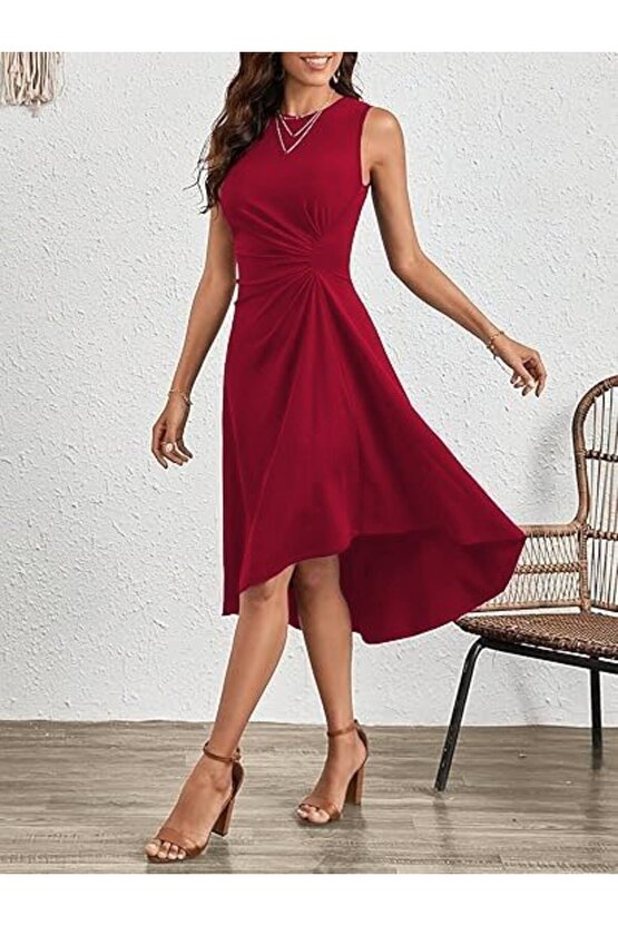 Gökyüzü Moda Kadın Sıfır Kollu Bisiklet Yaka Büzgülü Asimetrik Kesim Detaylı Janjan Krep Elbise