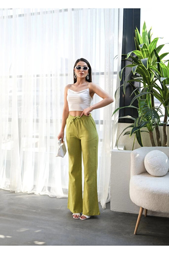 Beli astikli Ve Bağcikli Keten Pantolon