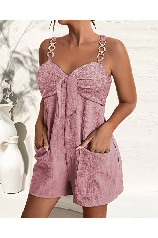 Kadın Kolsuz Askı Aksesuarlı önü Bağlama Detay Salopet şort Tulum