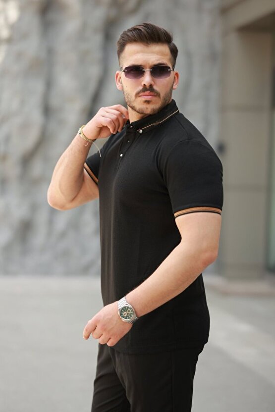 Gökyüzü Moda Erkek Düğmeli Yaka Waffle Kumaş Kısa Kollu Tişört