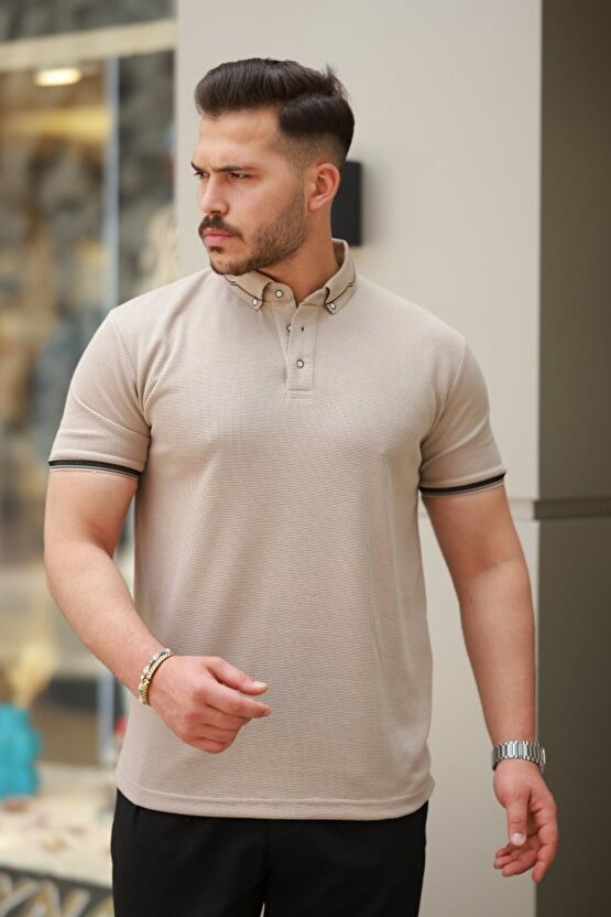Gökyüzü Moda Erkek Düğmeli Yaka Waffle Kumaş Kısa Kollu Tişört