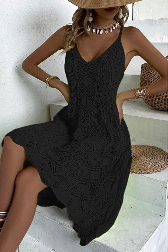 Gökyüzü Moda Kadın Ince Askılı Triko Elbise