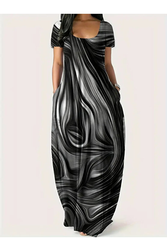 Gökyüzü Moda Kadın Kısa Kollu Yuvarlak Yaka Cepli Salaş Baskılı Süprem Elbise