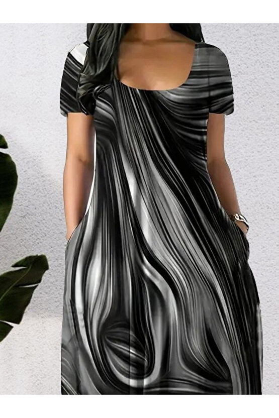 Gökyüzü Moda Kadın Kısa Kollu Yuvarlak Yaka Cepli Salaş Baskılı Süprem Elbise