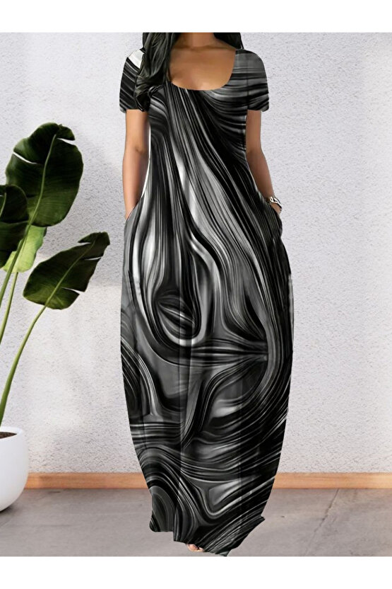 Gökyüzü Moda Kadın Kısa Kollu Yuvarlak Yaka Cepli Salaş Baskılı Süprem Elbise