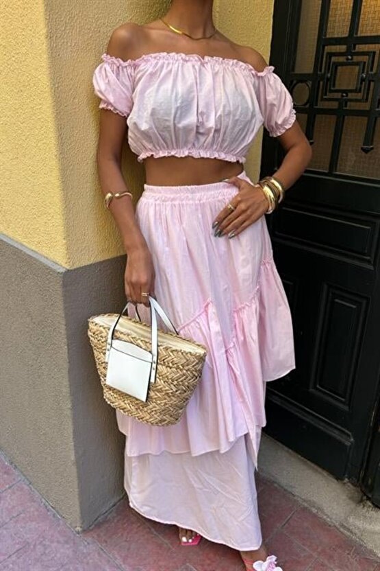 eyesof Büzgülü Crop Kat Detaylı Fırfır Etekli Takım 10196