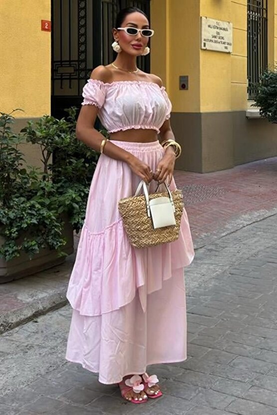 eyesof Büzgülü Crop Kat Detaylı Fırfır Etekli Takım 10196