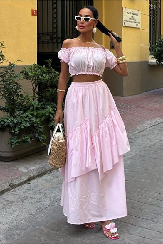 eyesof Büzgülü Crop Kat Detaylı Fırfır Etekli Takım 10196