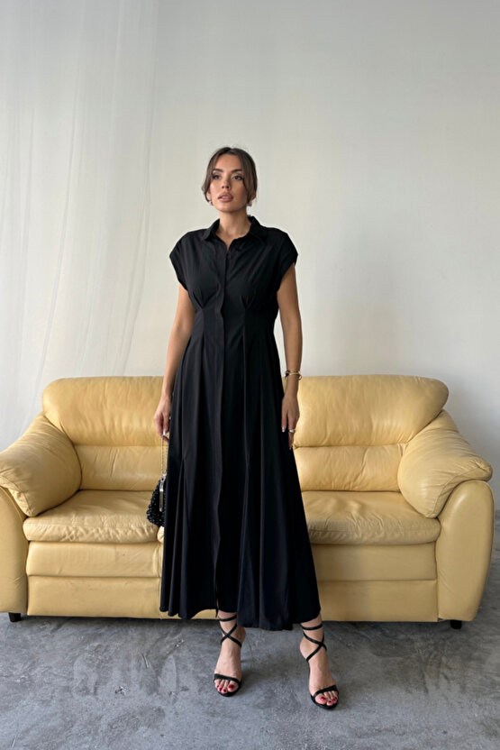 Gökyüzü Moda KOLSUZ VATKALI ÖNDEN DÜĞMELİBEL PENS DETAYLI POPLİN ELBİSE - Siyah