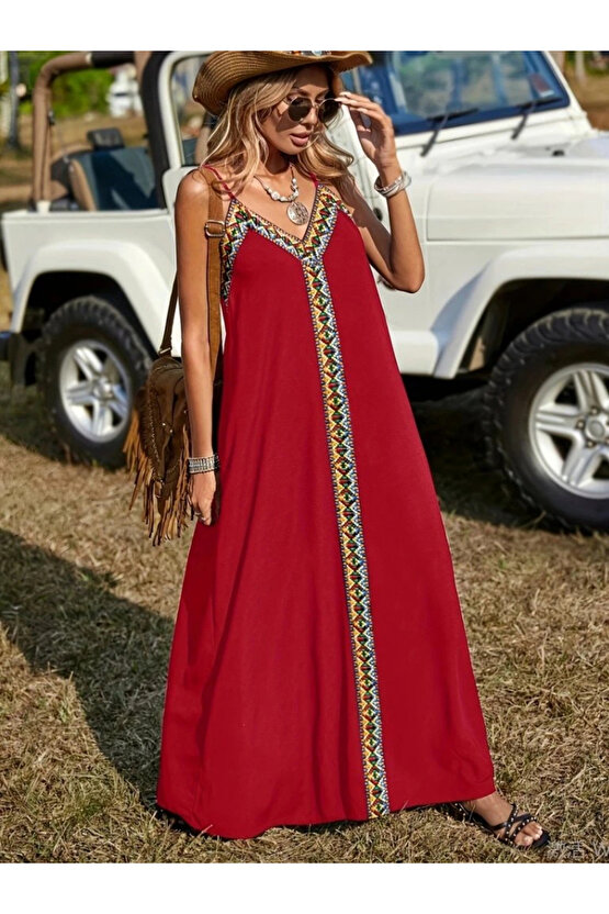 Kadın Askılı V Yakalı Etnik şerit Detaylı Uzun Viskon Elbise