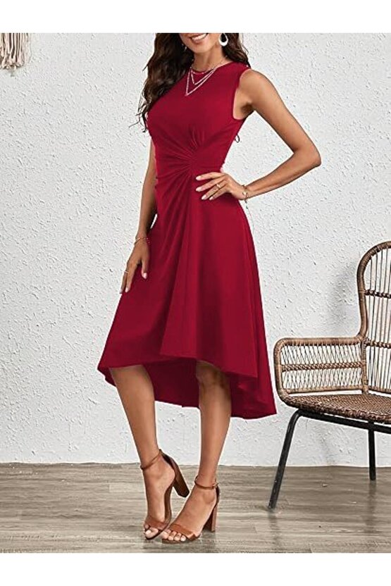 Gökyüzü Moda Kadın Sıfır Kollu Bisiklet Yaka Büzgülü Asimetrik Kesim Detaylı Janjan Krep Elbise