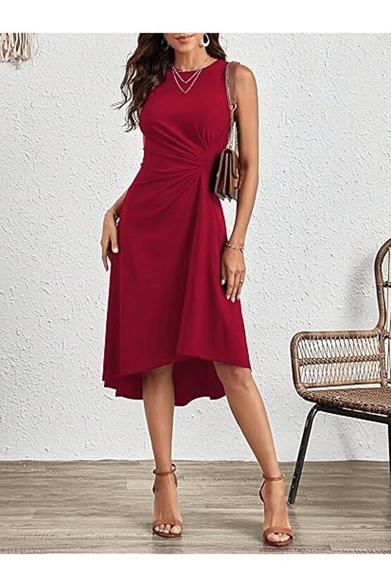 Gökyüzü Moda Kadın Sıfır Kollu Bisiklet Yaka Büzgülü Asimetrik Kesim Detaylı Janjan Krep Elbise