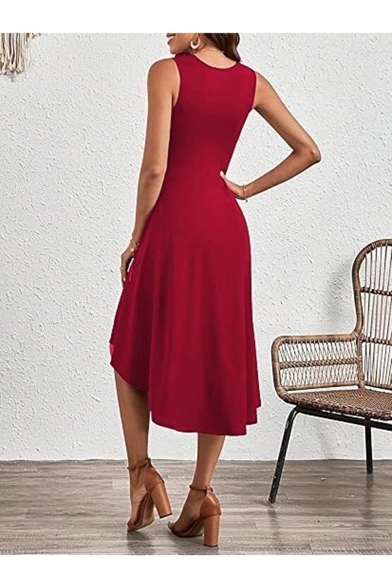 Gökyüzü Moda Kadın Sıfır Kollu Bisiklet Yaka Büzgülü Asimetrik Kesim Detaylı Janjan Krep Elbise