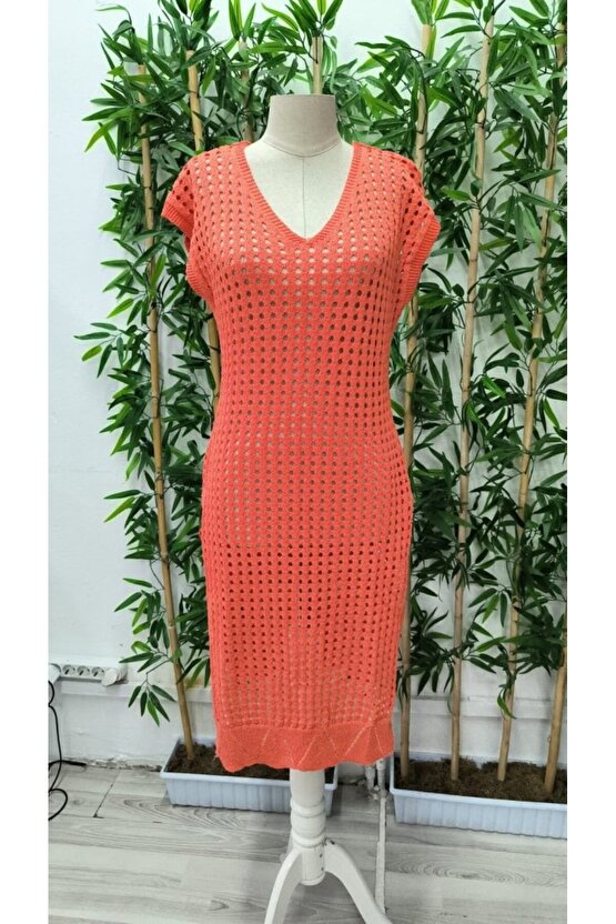 Gökyüzü Moda Kadın Sıfır Kol V Yaka Yanı Derin Yırtmaçlı Midi Boy Triko Elbise