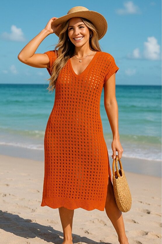 Gökyüzü Moda Kadın Sıfır Kol V Yaka Yanı Derin Yırtmaçlı Midi Boy Triko Elbise