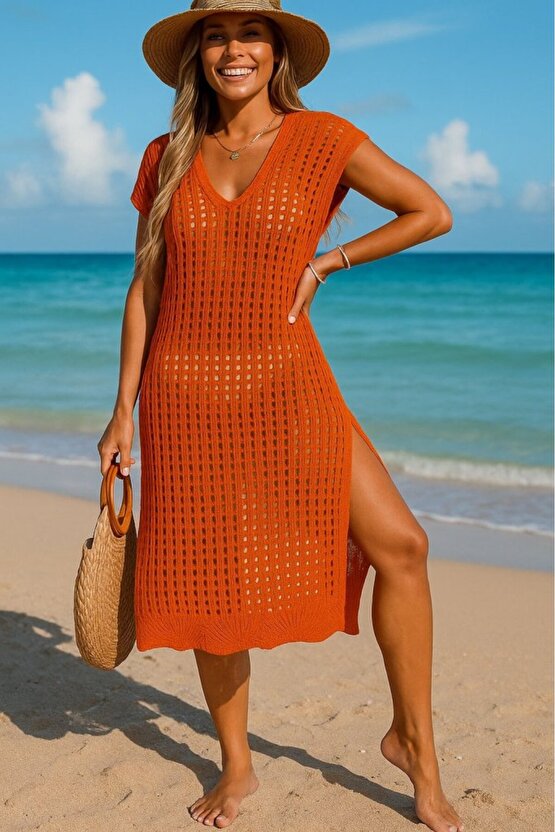 Gökyüzü Moda Kadın Sıfır Kol V Yaka Yanı Derin Yırtmaçlı Midi Boy Triko Elbise