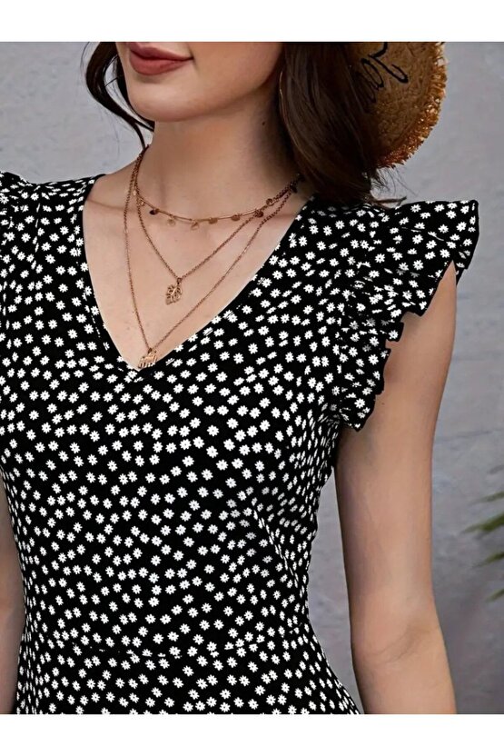 Gökyüzü Moda Kadın Kısa Kollu V Yakalı Desenli Fırfırlı Süprem Elbise