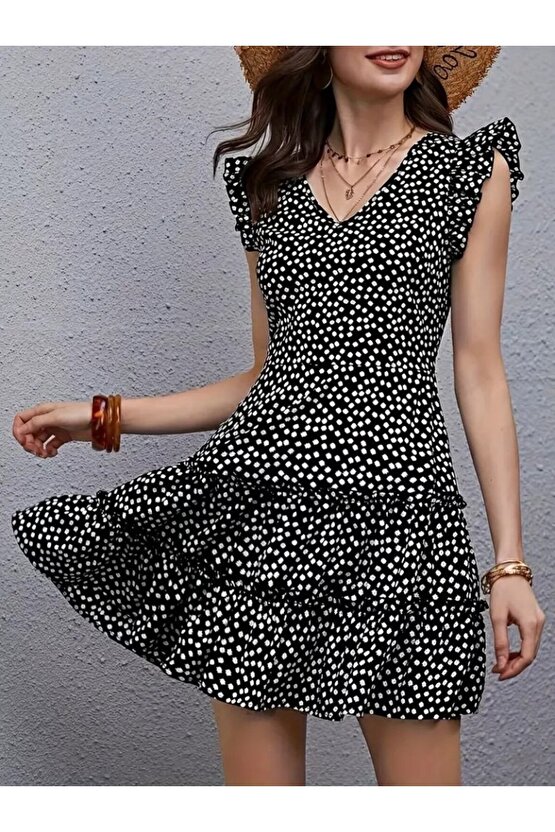 Gökyüzü Moda Kadın Kısa Kollu V Yakalı Desenli Fırfırlı Süprem Elbise