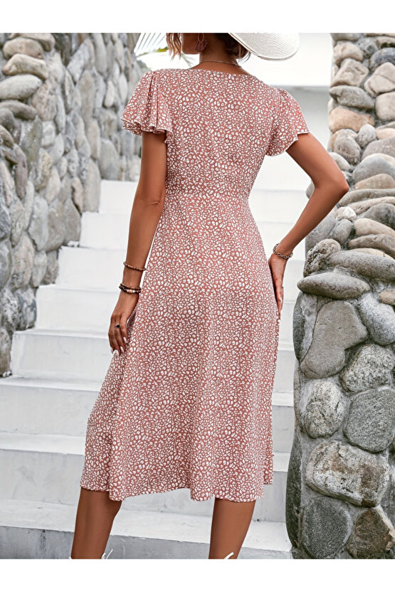 Gökyüzü Moda Kadın Kısa Kollu önü Düğmeli Volanlı Minik Leopar Desen Midi Viskon Elbise