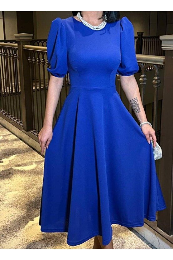 Kadın Bisiklet Yaka Kısa Kol Lastik Detay Uzun Elbise