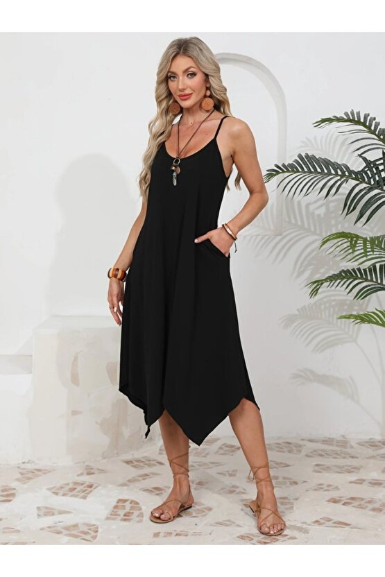 Gökyüzü Moda Kadın Ip Askılı Yuvarlak Yakalı Asimetrik Kesim Viskon Elbise