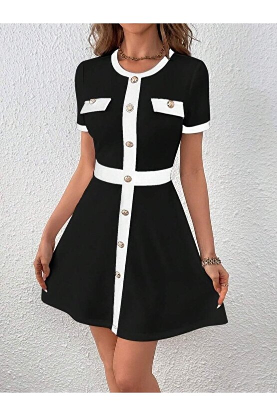 Gökyüzü Moda Kadın Kısa Kollu Bisiklet Yaka önden Düğmeli Modal Elbise