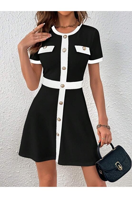 Gökyüzü Moda Kadın Kısa Kollu Bisiklet Yaka önden Düğmeli Modal Elbise