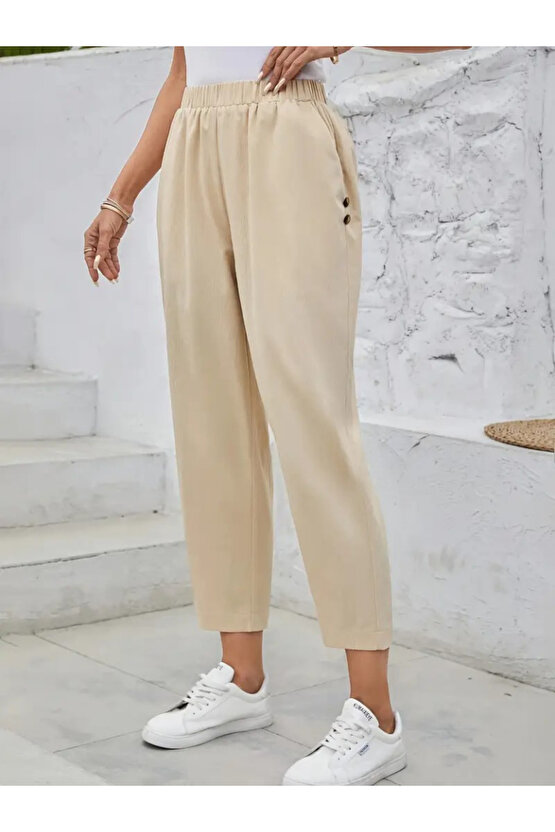 Gökyüzü Moda Kadın Yüksek Bel Yandan Cepli Düğme Detaylı Geniş Kesim Ithal Krep Pantolon