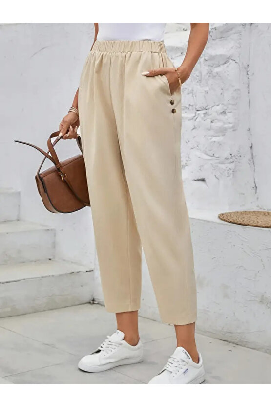 Gökyüzü Moda Kadın Yüksek Bel Yandan Cepli Düğme Detaylı Geniş Kesim Ithal Krep Pantolon