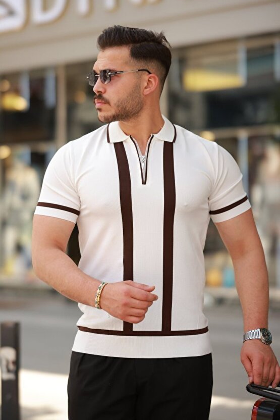 Gökyüzü Moda Erkek Fermuar Yakalı şerit Detaylı Kısa Kollu Tişört