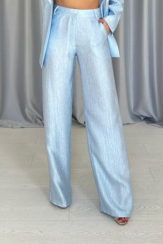 Gökyüzü Mavi Beli Kuşaklı Ceket Ve Pantolon Parlak Takım