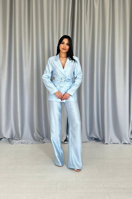 Gökyüzü Mavi Beli Kuşaklı Ceket Ve Pantolon Parlak Takım