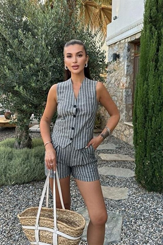 Gökyüzü Moda Carla Işıltılı Yelek Şort Takım 9821
