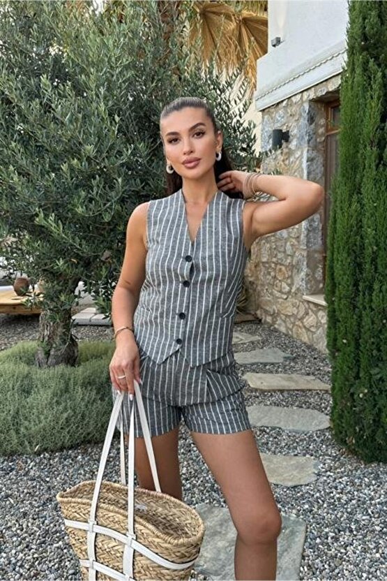 Gökyüzü Moda Carla Işıltılı Yelek Şort Takım 9821