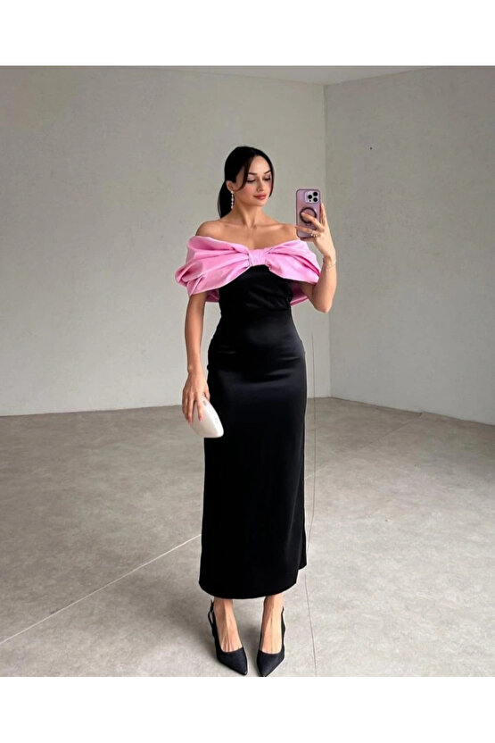 Pembe Önü Fiyonklu Elbise