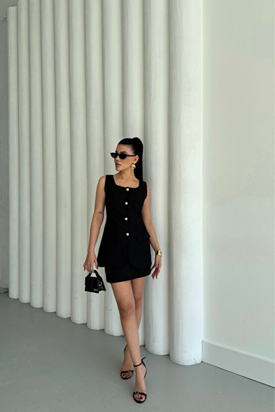 Gökyüzü Moda JAKAR KETEN YELEK - KISA ETEK TAKIM - Siyah