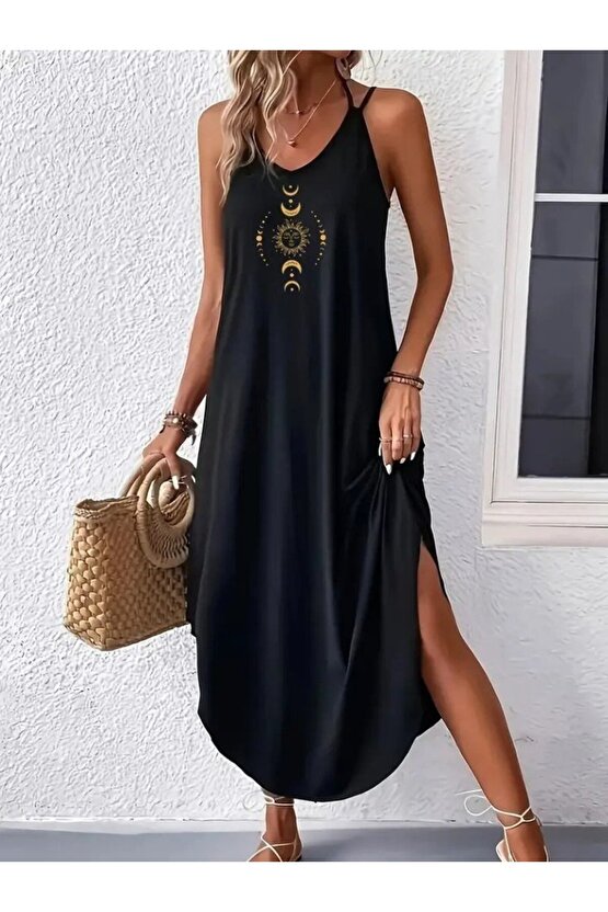 Gökyüzü Moda Kadın Askılı V Yakalı Desenli Uzun Viskon Elbise