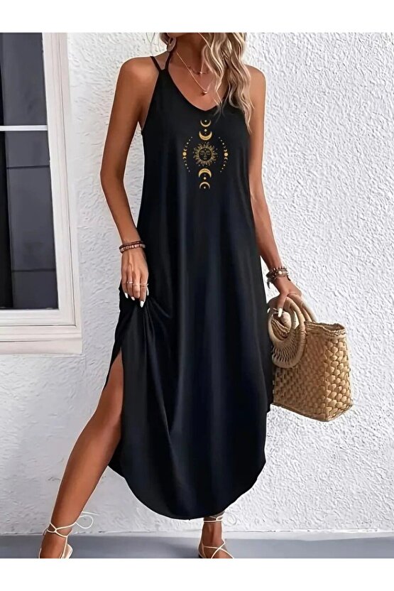 Gökyüzü Moda Kadın Askılı V Yakalı Desenli Uzun Viskon Elbise