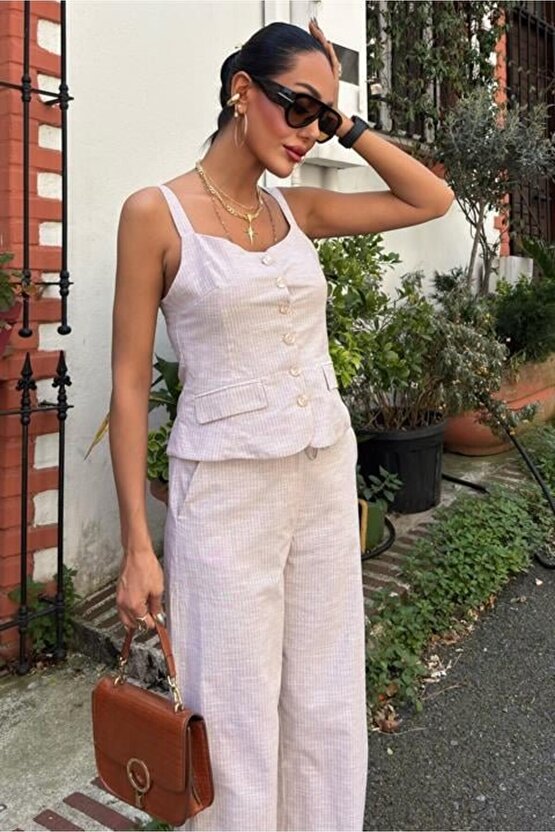 eyesof Kalın Askılı Bluz Pantolon Keten Takım 10187