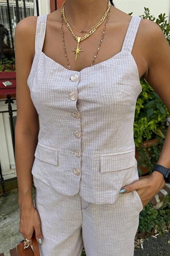 eyesof Kalın Askılı Bluz Pantolon Keten Takım 10187