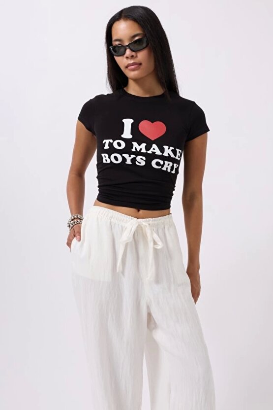 Nakış Detay Baskılı Crop T-Shirt