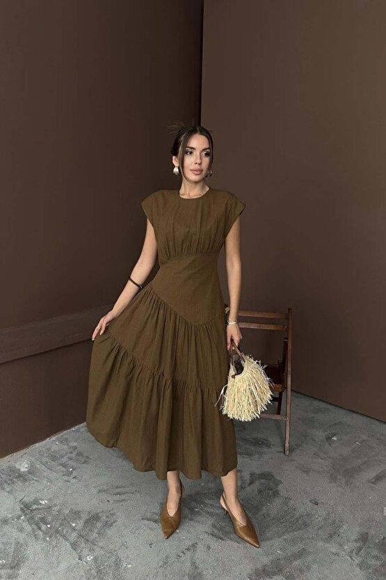 Kahverengi Büzgü Detaylı Keten Elbise