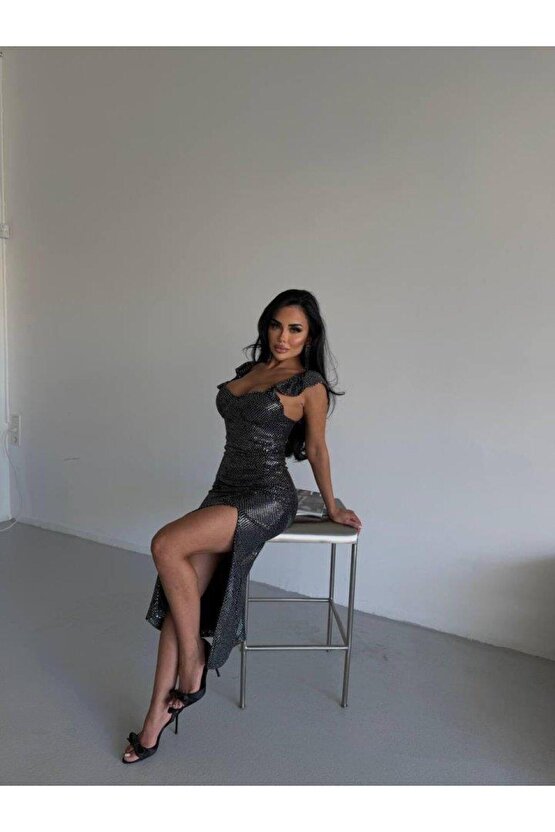 Gökyüzü Moda Kadın Askılı Belden Bağlamalı Geometrik Desen Krep Elbise